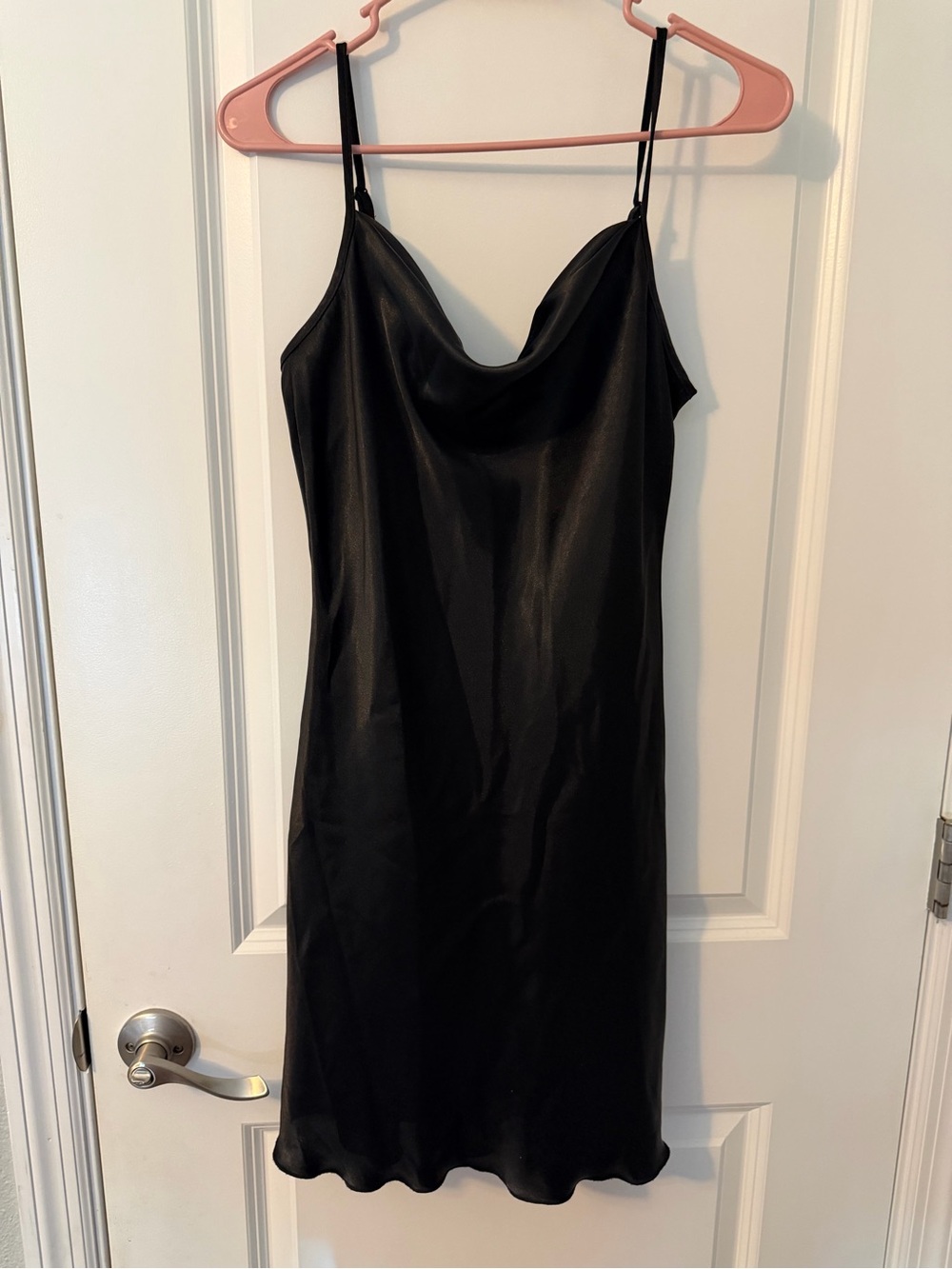 bebe Black Satin Cowl Neck Mini Slip Dress, Sz S